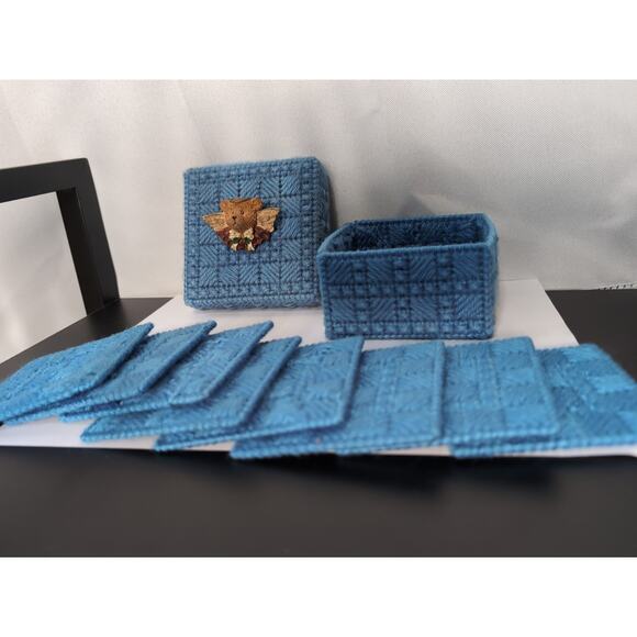 Homemade Plastic Canvas Set Of 8 Coasters With Container And Teddy Bear Angel... - Picture 2 of 4